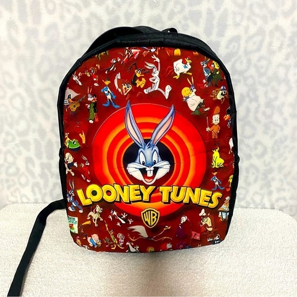Looney Tunes Vintage Backpack Warner Bros Logo On Front Black/Burgundy EUC - Picture 1 of 7